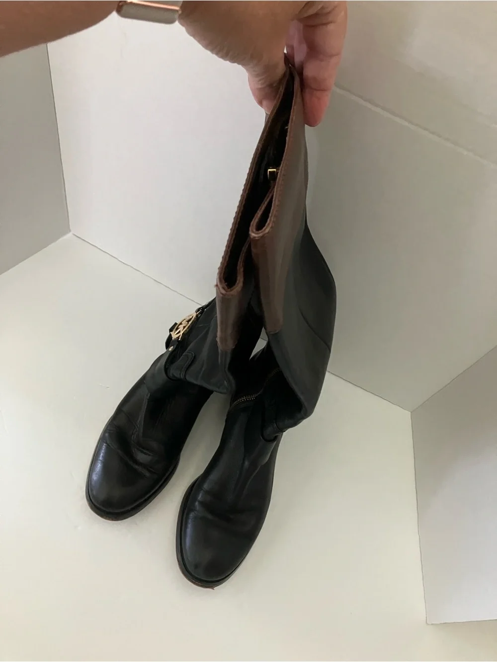 Michael Kors Black Leather Over-the-Knee Boots with Brown Cuff